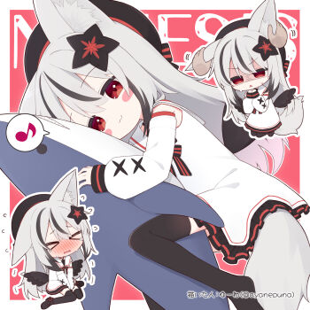 >_< 1girl 1other :3 animal_ear_fluff artist_name beret black_flower black_hair black_hat black_thighhighs black_wings blush blusj border borrowed_character chibi closed_eyes closed_mouth detached_sleeves dress flower flying_sweatdrops grabbing_another's_ear grey_hair grey_tail hair_flower hair_ornament hand_on_another's_ear hands_between_legs hat hugging_object long_sleeves looking_at_viewer low_wings motion_lines multicolored_hair multiple_views nose open_mouth original puffy_long_sleeves puffy_sleeves red_eyes sailor_collar sailor_dress shaded_face streaked_hair stuffed_animal stuffed_shark stuffed_toy tearing_up tears thighhighs trembling twitter_username wavy_mouth white_border white_dress white_sailor_collar wings yuune_(ayanepuna)