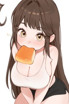 1girl bare_shoulders black_shorts blush bread breasts brown_eyes brown_hair cleavage commentary english_commentary food food_in_mouth heart heart_in_eye highres indie_virtual_youtuber large_breasts long_hair looking_at_viewer shorts simple_background sky_above_me sky_above_me_(vtuber) solo symbol_in_eye very_long_hair virtual_youtuber white_background