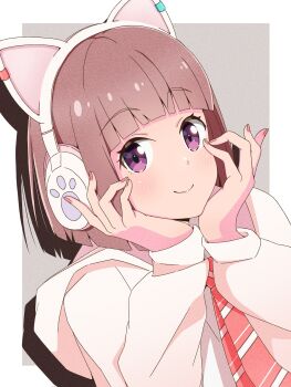 1girl animal_ear_headphones animal_ears blunt_bangs blunt_ends bob_cut border brown_hair cat_ear_headphones cat_ears closed_mouth commentary_request diagonal-striped_clothes diagonal-striped_necktie drop_shadow fake_animal_ears grey_background headphones highres hood hooded_jacket ikizulive!_love_live!_bluebird jacket litecolors_radi long_sleeves looking_at_viewer love_live! making-of_available necktie open_clothes open_jacket outside_border purple_eyes red_necktie sasaki_shion school_uniform shirt short_hair simple_background smile solo split_mouth striped_clothes upper_body white_border white_jacket white_shirt