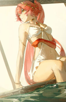 1girl absurdres body_markings braid breasts changli_(laurel_nymph)_(wuthering_waves) changli_(wuthering_waves) closed_mouth colored_extremities covered_navel dudrinm hair_extensions hair_intakes highres jewelry long_hair looking_at_viewer looking_to_the_side medium_breasts navel official_alternate_costume orange_eyes orange_hair pink_hair ponytail poolside red_hands ring_hair_extensions sitting slingshot_swimsuit solo swimsuit twin_braids wading wading_pool white_slingshot_swimsuit wuthering_waves yellow_eyes