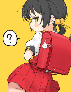 1girl ? ass backpack bag bag_charm black_hair blush charm_(object) commentary dress flute fusazakura hair_bobbles hair_ornament highres instrument kaai_yuki loli low_twintails panties panty_peek pinafore_dress rabbit_ornament randoseru recorder red_bag red_dress shirt short_hair short_sleeves short_twintails simple_background sleeve_cuffs sleeveless sleeveless_dress solo speech_bubble twintails underwear vocaloid white_shirt yellow_background yellow_eyes