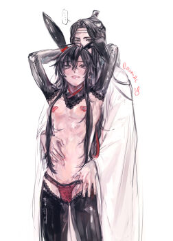 ... 2boys ahoge alternate_costume androgynous animal_ears armpits arms_up black_gloves black_hair black_thighhighs blush chinese_clothes commentary_request couple covered_erect_nipples crossdressing crossdressing_(mtf) detached_collar elbow_gloves fake_animal_ears gloves groin hair_between_eyes hair_ribbon hand_on_another's_hip hand_on_another's_stomach hand_under_clothes hanfu headband heart heart_pasties highres hug hug_from_behind jewelry ktxxok lace lace-trimmed_thighhighs lace_trim lan_wangji long_hair long_sleeves looking_at_another looking_at_viewer male_focus male_playboy_bunny modao_zushi multiple_boys navel panties parted_lips pasties pectorals ponytail purple_eyes rabbit_ears red_panties red_ribbon revealing_clothes reverse_bunnysuit reverse_outfit ribbon robe sidelocks simple_background smile speech_bubble spoken_ellipsis standing thighhighs topknot trap twitter_username underwear undressing_another wei_wuxian white_background white_hanfu white_headband wide_sleeves yaoi yellow_eyes