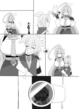 2girls annoyed blue_archive breast_envy breast_press camera closed_eyes comic gun hair_between_eyes halo hand_on_another&#039;s_shoulder height_difference highres hoshino_(blue_archive) long_hair monochrome multiple_girls necktie school_uniform short_hair shotgun size_difference smile su_gyoza sweatdrop taking_picture weapon white_background yume_(blue_archive)