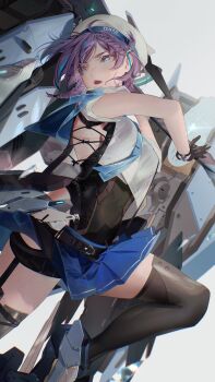 1girl absurdres aether_gazer belt beret black_belt black_gloves black_leotard black_thighhighs blue_eyes blue_hair blue_necktie blue_skirt braid breasts commentary english_commentary eyeshadow floating_clothes floating_hair garter_straps gloves hair_ornament hand_up hat heikokuru1224 highres leotard looking_to_the_side makeup mecha medium_breasts miniskirt mole mole_under_eye multicolored_hair necktie open_mouth pleated_skirt purple_hair red_eyeshadow robot shirt short_hair short_sleeves skadi_(aether_gazer) skirt solo streaked_hair teeth thighhighs tie_clip twin_braids white_hat white_shirt