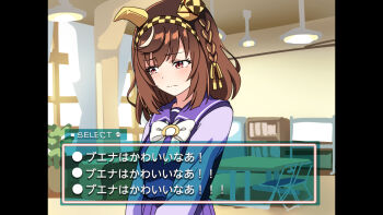 1girl absurdres animal_ears baasaku_(balasaku24) blush bow bowtie braid breasts brown_hair buena_vista_(umamusume) checkered_hairband closed_mouth commentary_request ear_covers gameplay_mechanics hair_between_eyes hairband headband highres horse_ears horse_girl long_sleeves looking_down medium_hair purple_eyes purple_sailor_collar purple_shirt purple_skirt red_eyes sailor_collar sailor_shirt school_uniform shirt skirt solo tracen_school_uniform umamusume visual_novel white_bow white_bowtie