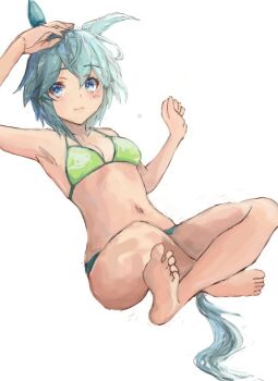 1girl animal_ears bare_shoulders barefoot bikini blue_eyes blush breasts cleavage closed_mouth ear_covers flower green_bikini grey_hair hair_between_eyes hair_flower hair_ornament hairclip horse_ears horse_girl horse_tail looking_at_viewer navel seiun_sky_(umamusume) short_hair simple_background single_ear_cover sitting small_breasts smile solo stomach sunflower sunflower_hair_ornament swimsuit tail umamusume white_background yanagi_wakana