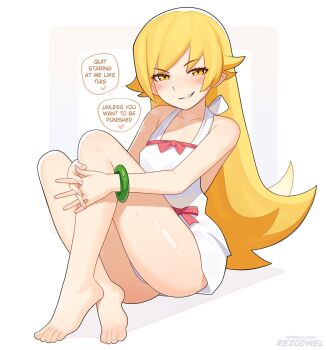 1girl artist_name backless_dress backless_outfit bakemonogatari bare_legs bare_shoulders barefoot blonde_hair blush blush_stickers bow bracelet breasts collarbone commentary crossed_ankles dress english_text feet full_body highres jewelry knees_up legs long_hair looking_at_viewer monogatari_(series) oshino_shinobu own_hands_together parted_lips patreon_username pink_bow rezodwel shadow short_dress sidelocks sitting small_breasts smirk smug solo speech_bubble sweatdrop symbol-only_commentary thighs toenails toes very_long_hair watermark web_address white_dress yellow_eyes