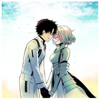 1boy 1girl armor black_gloves black_hair closed_eyes command_spell fate/grand_order fate_(series) forehead-to-forehead fujimaru_ritsuka_(male) fujimaru_ritsuka_(male)_(decisive_battle_chaldea_uniform) gloves heads_together holding_hands mash_kyrielight mash_kyrielight_(paladin) nobicco purple_hair smile