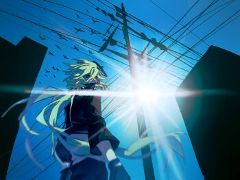 Rule 34 | 1boy, aotu world, bird, black gloves, black jacket, black pants, blue sky, building, chinese commentary, commentary request, cowboy shot, cropped jacket, day, floating hair, from behind, from below, gloves, green hair, halo, jacket, lens flare, long hair, long sleeves, looking at viewer, looking back, low ponytail, male focus, outdoors, pants, pointy ears, ponytail, power lines, shirt, sky, solo, standing, sun, utility pole, very long hair, xander-xander, xander (aotu world)