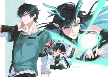 Rule 34 | 1boy, aqua eyes, black gloves, black hair, breast pocket, cleavage cutout, closed mouth, clothing cutout, colored inner hair, commentary request, crossed bangs, cup, dan heng (feast) (honkai: star rail), dan heng (honkai: star rail), dan heng (imbibitor lunae) (honkai: star rail), dragon horns, dragon tail, fingernails, floating hair, gloves, hair between eyes, hand up, heart, highres, honkai: star rail, honkai (series), horns, indian style, long hair, long sleeves, looking at viewer, male focus, multicolored hair, multiple views, official alternate costume, pocket, pointy ears, short hair, sitting, tail, twitter username, two-tone hair, unowen 0111
