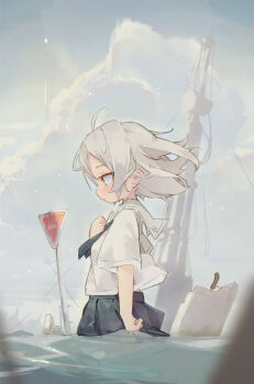 1girl absurdres ahoge arm_at_side black_neckerchief black_skirt blush closed_mouth cloud commentary day flood from_side green_eyes grey_hair hand_on_own_chest highres instant_loss looking_down medium_hair neckerchief nep_(nep_76) original outdoors pleated_skirt profile rebar road_sign ruins sailor_collar school_uniform serafuku shirt short_sleeves sign skirt solo standing stop_sign untranslatable_commentary tower wading water white_sailor_collar white_shirt wind