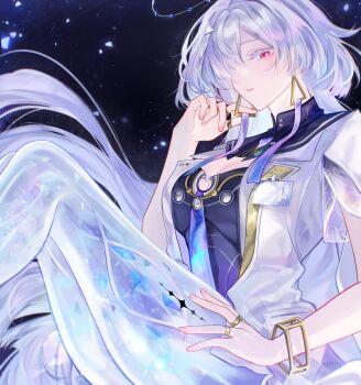 1girl badge breasts colored_eyelashes crystal_shards dress earrings gradient_clothes gradient_dress hair_ornament hair_over_one_eye halo highres jacket jewelry looking_at_viewer mornye_(wuthering_waves) multiple_rings nem00chiiya parted_lips prosthesis prosthetic_leg purple_dress red_eyes ring sitting solo tacet_mark_(wuthering_waves) thighs triangle_earrings white_halo white_jacket wuthering_waves