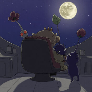 1boy big_nose black_eyes brown_hair bud chair colored_skin commentary_request cup flower from_behind full_body gloves hand_on_another&#039;s_wrist indoors leaf male_focus moon mug naru_(wish_field) nintendo no_headwear no_mouth olimar on_chair paper patch pikmin_(creature) pikmin_(series) pink_flower pointy_ears purple_hair purple_pikmin purple_skin red_eyes red_gloves shadow short_hair sitting solid_circle_eyes space spacecraft_interior spacesuit tile_floor tiles very_short_hair white_pikmin white_skin