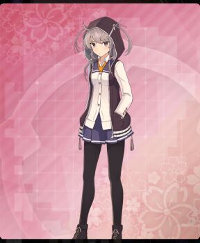 1girl black_boots black_jacket black_pantyhose blazer blue_sailor_collar blue_skirt boots breasts brown_hair buttons closed_mouth dot_nose floral_background game_cg hair_ornament hair_through_hood hands_in_pockets hood hood_up hooded_jacket jacket lace-up_boots long_sleeves looking_at_viewer medium_hair necktie official_art open_clothes open_jacket pantyhose pink_background purple_eyes renpu_girls_school_uniform sailor_collar school_uniform shichinosato_kofuki shirt sidelocks skirt skull_hair_ornament small_breasts solo tassel third-party_source toji_no_miko toji_no_miko:_kizamishi_issen_no_tomoshibi twintails unzipped variant_set white_jacket white_shirt yellow_necktie zipper