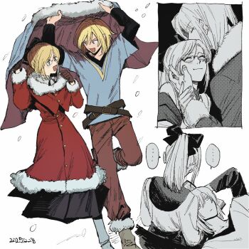 ... 0hyszgzg7k23634 1boy 1girl ^_^ alternate_costume alternate_skin_color belt belt_buckle black_bow black_dress black_shirt blonde_hair blue_eyes blue_shirt blush book bow brown_belt brown_eyes brown_pants brown_shoes buckle buttons closed_eyes coat commentary_request couple dated double-parted_bangs dress from_above fur-trimmed_coat fur-trimmed_pants fur-trimmed_sleeves fur_trim glasses hair_between_eyes hair_bow hand_on_another's_cheek hand_on_another's_face hand_on_another's_wrist hetero holding_unworn_jacket improvised_umbrella jacket jacket_over_head kissing_head layered_shirt light_frown lightened_skin long_dress long_sleeves looking_at_another loose_belt multiple_views nephry_osborne open_book open_mouth pants parted_bangs peony_ix ponytail red_coat semi-rimless_eyewear shared_clothes shared_jacket shirt shoes short_hair sidelocks smile snowing spoken_ellipsis standing standing_on_one_leg tales_of_(series) tales_of_the_abyss under-rim_eyewear unworn_jacket walking white_background winter_clothes winter_coat