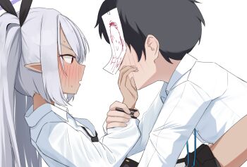 1boy 1girl black_hair blue_archive blush commentary_request dark-skinned_female dark_skin doodle_sensei_(blue_archive) from_side grey_hair halo hetero highres holding_another's_wrist iori_(blue_archive) long_hair long_sleeves mintchoco_(minchothudong) open_mouth paper_on_head pointy_ears purple_halo sensei_(blue_archive) shirt simple_background twintails white_background white_shirt