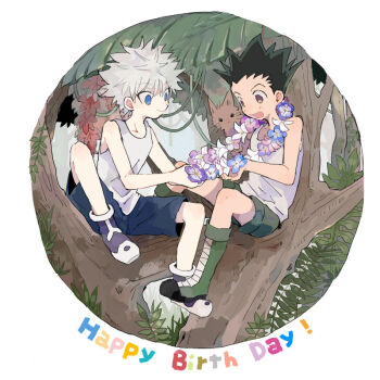 2boys animal arms_up bare_shoulders blue_eyes blue_flower blue_shorts boots brown_eyes cat closed_mouth collarbone flower flower_necklace gon_freecss green_boots green_shorts happy_birthday hunter_x_hunter jewelry killua_zoldyck leaf lei male_focus multiple_boys necklace open_mouth outdoors plant purple_flower shoes shorts sitting smcms-m smile tank_top tree vines white_background white_flower white_hair white_tank_top