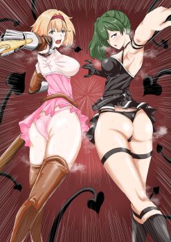 Rule 34 | 2girls, absurdres, armpits, artist request, ass, bare shoulders, blonde hair, blush, boots, breasts, brown eyes, cameltoe, crossover, djeeta (granblue fantasy), dress, from behind, gloves, granblue fantasy, green hair, highres, large breasts, long hair, looking at viewer, looking back, medium breasts, multiple girls, open mouth, panties, ponytail, purple eyes, short dress, sideboob, single glove, skirt, sousou no frieren, sweat, sword, thigh boots, thigh strap, thighhighs, thong, ubel (sousou no frieren), underwear, weapon