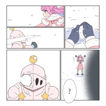 ? ahoge armor black_gloves candy_hair_ornament commentary_request food-themed_hair_ornament gloves hair_ornament helm helmet highres himemori_luna hole_in_face hololive long_hair luknight_(himemori_luna) pink_eyes snow snowball snowball_fight spoken_question_mark ub_saki virtual_youtuber winter_clothes