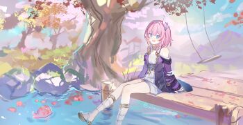 1girl absurdres blue_sky chinese_commentary coat commentary_request cyrene_(aedes_elysiae)_(honkai:_star_rail) cyrene_(honkai:_star_rail) dress fish hair_ornament highres honkai:_star_rail honkai_(series) jewelry lake necklace open_mouth outdoors pink_hair purple_coat ranersha1 sandals short_hair sitting sky smile solo swing_set tree twitter_username water white_dress