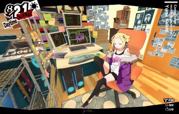 1girl absurdres bedroom blonde_hair bookshelf capella_emerada_lugnica carpet chair computer computer_keyboard computer_mouse computer_tower cosplay crossover door feet fur_trim gaming_chair hair_ornament headphones highres jacket manga_(object) monitor mulitcoloured_hair office_chair orange_hair persona persona_5 pink_eyes re:zero_kara_hajimeru_isekai_seikatsu room sakura_futaba sakura_futaba_(cosplay) shirt shorts sticky_note swivel_chair thighhighs tongue x-ray yumekaleid