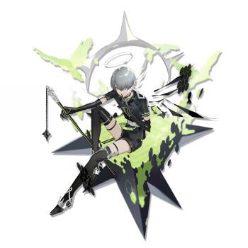 1boy arene_(arknights) arknights ball_and_chain_(weapon) bishounen black_boots black_gloves black_theme boots detached_wings elbow_gloves formal_clothes full_body gloves green_eyes green_theme grey_hair hair_over_one_eye halo highres holding holding_staff looking_at_viewer male_focus official_art one_eye_covered short_hair simple_background sitting skinny solo staff thigh_boots third-party_source transparent_background weapon wings yszx