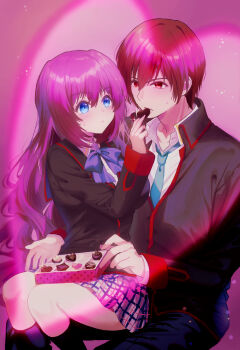 1boy 1girl a-chan_(little_busters!) absurdres awkward black_jacket black_pants black_socks blazer blue_bow blue_necktie blush bow brown_hair candy chocolate chocolate_heart collared_shirt commentary_request couple eyelashes feeding feet_out_of_frame food frown grey_skirt hair_between_eyes hand_up heart heart-shaped_food hetero highres hug hug_from_behind jacket kneehighs little_busters! little_busters!_school_uniform long_hair long_sleeves looking_at_another miiizuno_lbs miniskirt natsume_kyousuke necktie pants pink_background plaid_clothes plaid_skirt purple_hair school_uniform shirt short_hair shy simple_background sitting sitting_on_lap sitting_on_person skirt socks sparkle sweatdrop tareme tsurime valentine very_long_hair wavy_hair white_shirt