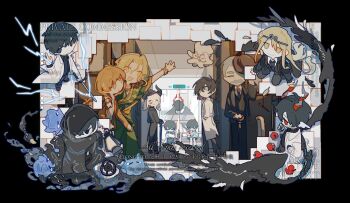 Rule 34 | 2girls, 6+boys, :d, annotated, apple, bangle, baram (omniscient reader's viewpoint), black border, black hair, black necktie, black suit, black vest, black wings, blonde hair, border, bracelet, character request, check character, cloak, collared shirt, commentary, dokkaebi king (omniscient reader's viewpoint), dual persona, english commentary, everyone, facial hair, feathered wings, food, formal clothes, fruit, full body, glass door, green robe, hallway, han sooyoung, hand on headwear, hat, head wings, headband, highres, holding, holding lantern, hood, hood up, hooded cloak, jewelry, kim dokja, lantern, looking at viewer, multiple boys, multiple girls, mustache, necktie, nicayuko, nirvana moebius, official alternate costume, oldest dream, omniscient reader's viewpoint, open mouth, outside border, paper, robe, secretive plotter, shirt, short hair, smile, squid, standing, suit, sun wukong (omniscient reader's viewpoint), tentacles, train station, vest, waving, white shirt, wings, yellow eyes, yoo joonghyuk, yoo sangah