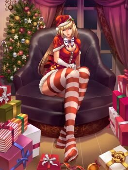 1girl blonde_hair blue_eyes christmas_outfit christmas_present christmas_tree emilie_de_rochefort gift hat highres namco oscarzxn presents santa_hat tekken tekken_5_(dark_resurrection) tekken_7 tekken_8 tekken_tag_tournament_2