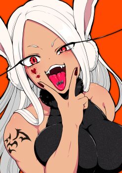1girl absurdres animal_ears bare_shoulders bat_ornament black_shirt blood blood_on_face boku_no_hero_academia bow breasts covered_collarbone dark-skinned_female dark_skin fangs fur_collar hair_over_shoulder harurukan highres large_breasts long_eyelashes looking_at_viewer mirko multicolored_nails nail_art nail_polish parted_bangs piercing rabbit_ears rabbit_girl red_bow red_eyes shirt shoulder_tattoo sleeveless sleeveless_shirt smile solo tattoo teeth toned toned_female tongue tongue_out tongue_piercing tribal_tattoo twitter_username two-tone_nails uneven_eyes upper_body upper_teeth_only v v_over_mouth white_hair