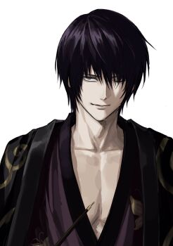 1boy closed_mouth collarbone gintama grey_eyes highres holding holding_smoking_pipe japanese_clothes male_focus one_eye_closed pectoral_cleavage pectorals short_hair simple_background smoking_pipe solo sso_s takasugi_shinsuke upper_body white_background