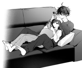 1boy 1girl barefoot bespectacled commentary_request couch cowlick dot_nose glasses greyscale ichihara_chihiro kajikawa_saki kyapefuro long_hair long_sleeves looking_at_phone lying_on_person mole mole_on_neck monochrome on_couch original phone pillow sefri_no_ichihara_ga_nigashite_kurenai short_hair