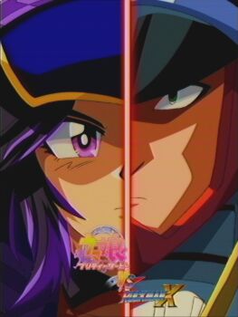 Rule 34 | 1990s (style), 1boy, 1girl, absurdres, android, animal ears, armor, black hair, black hat, black shirt, colonel (mega man), ears through headwear, faux retro artstyle, fenomeno (black flames of the righteous spirit) (umamusume), fenomeno (umamusume), flipped hair, green eyes, hat, helmet, highres, horse ears, horse girl, jacket, logo, long hair, long sleeves, lueduar, mega man (series), mega man x (series), multicolored hair, peaked cap, purple eyes, purple hair, purple jacket, retro artstyle, robot, shirt, two-tone hair, umamusume, vhs artifacts