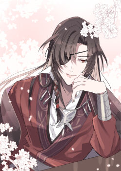 1boy beads belt bishounen black_hair bracelet braid branch butterfly_necklace cherry_blossoms chinese_clothes closed_mouth elbow_rest eyepatch falling_petals fduki_maro flower hair_beads hair_ornament hair_ribbon hand_on_own_chin hand_on_own_face hand_up hanfu head_rest highres hua_cheng jewelry long_hair long_sleeves looking_at_viewer male_focus necklace one_eye_covered petals popped_collar red_eyes red_hanfu ribbon ribbon_braid silver_belt silver_bracelet silver_necklace single_braid smile solo table tianguan_cifu upper_body white_flower