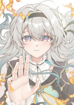 absurdres cropped_jacket fire firefly_(honkai:_star_rail) grey_hair hair_ornament hair_ribbon hairband highres honkai:_star_rail honkai_(series) neckerchief nichi_(dsmh7383) orange_neckerchief palms ribbon simple_background smile white_background
