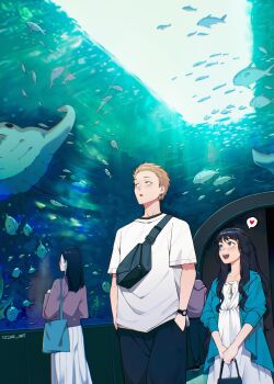 Rule 34 | 2boys, 2girls, artist name, black hair, blonde hair, blue eyes, blush, cesar art456, couple, day, dress, fish, heart, hetero, highres, indoors, kaoru hana wa rin to saku, long hair, looking at another, looking to the side, multiple boys, multiple girls, open mouth, smile, spoken heart, standing, tsumugi rintarou, waguri kaoruko, water, white dress