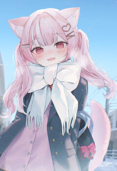 Rule 34 | :d, animal ear fluff, animal ears, bag, black jacket, blue sky, blush, bow, building, cardigan, commentary request, copyright request, day, dog ears, dog girl, dog tail, fringe trim, hair ornament, hairclip, heart, heart hair ornament, jacket, long hair, long sleeves, looking at viewer, official art, open clothes, open jacket, open mouth, outdoors, pink cardigan, pink hair, power lines, red eyes, scarf, scarf bow, school bag, school uniform, shirt, signature, silltare, sky, smile, snow, solo, tail, twintails, utility pole, virtual youtuber, white scarf, white shirt, window