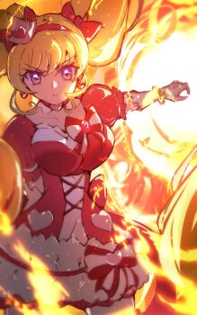 Rule 34 | 1girl, aotama kima, blonde hair, bow, bracelet, breasts, choker, commentary request, cure miracle, cure miracle (ruby style), dress, earrings, elbow gloves, fire, gloves, hair bow, hat, heart, highres, jewelry, large breasts, long hair, looking at viewer, magical girl, mahou girls precure!, mini hat, mini witch hat, pink hat, precure, purple eyes, red bow, red dress, thighhighs, twintails, white gloves, witch hat