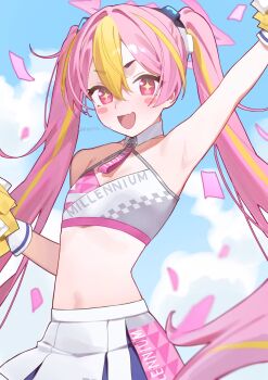 +_+ 1girl armpits blue_archive blush_stickers breasts cheering cheerleader crop_top fang hair_between_eyes halo highres holding holding_pom_poms koyuki_(blue_archive) long_hair looking_at_viewer millennium_cheerleader_outfit_(blue_archive) multicolored_hair open_mouth pink_eyes pink_hair pink_halo pom_pom_(cheerleading) pom_poms skirt small_breasts smile solo sports_bra stomach two-tone_hair two-tone_sports_bra very_long_hair white_skirt yumeme_818