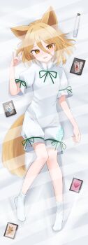 1girl ability_card_(touhou) absurdres animal_ears blonde_hair commentary_request dakimakura_(medium) dakuazu fox_ears fox_girl fox_shadow_puppet fox_tail green_ribbon hair_between_eyes highres kudamaki_tsukasa looking_at_viewer lying on_back open_mouth paid_reward_available ribbon romper short_sleeves sleeve_ribbon smile socks solo tail test_tube touhou watermark white_romper white_socks yellow_eyes