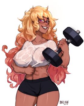 1girl 2018 abs adjusting_clothes artist_name black_shorts blonde_hair blush brown_lips clenched_hands collarbone commission covered_erect_nipples cowboy_shot curly_hair dark_skin dated dumbbell exercising eyebrows_hidden_by_hair female_focus glasses gradient_hair grin gwyn_(sait0moriyama) gym_shorts highres kollerss long_hair looking_at_viewer maizken mole mole_on_cheek multicolored_hair muscular muscular_female no_bra original pink_hair purple_eyes shirt short_shorts shorts simple_background smile solo sweat thick_thighs thighs very_long_hair weightlifting white_background white_shirt