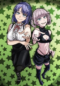 bare_shoulders belly blue_eyes breasts creator_connection dagashi_kashi fang flower hair_flower hair_ornament highres large_breasts looking_at_viewer nanakusa_nazuna_(yofukashi_no_uta) purple_hair reiquant shidare_hotaru shirt shirt_tucked_in shorts skirt yofukashi_no_uta