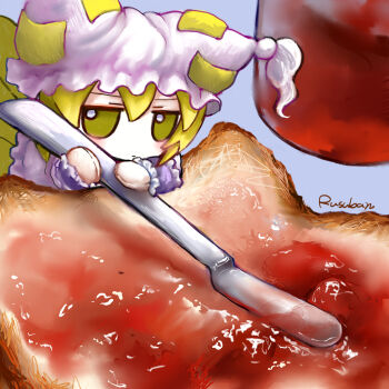 Rule 34 | 1girl, absurdres, artist name, blonde hair, bread, bread slice, food, food focus, fumo (doll), hat, highres, jam, mini person, minigirl, mob cap, rusuban (yakumora n), signature, solo, strawberry jam, toast, touhou, yakumo ran, yellow eyes