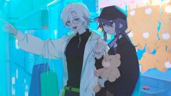 Rule 34 | 2boys, :d, arcade, backlighting, bag, baseball cap, belt, black choker, black eyes, black hat, black jacket, bubble tea, choker, commission, cowboy shot, crane (machine), drink, drinking straw, earrings, gen 1 pokemon, glasses, green belt, green trim, grey eyes, hair between eyes, hand in pocket, hand up, hat, highres, holding, holding drink, holding stuffed toy, indoors, jacket, jewelry, long sleeves, looking at another, makagi2, multiple boys, multiple piercings, open collar, open mouth, original, outstretched hand, parted bangs, parted lips, piercing, pointing, ponyta, purple hair, shopping bag, short hair, side-by-side, skeb commission, smile, stud earrings, stuffed animal, stuffed toy, teddy bear, three quarter view, transparent eyewear, turtleneck, unkempt, white hair, white jacket, zipper, zipper pull tab