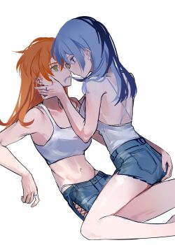 2girls absurdres aoyagi_touya backless_shirt blue_hair blue_shorts commentary_request crop_top genderswap genderswap_(mtf) grabbing_another's_ass green_eyes groping hand_on_another's_face highres jewelry long_hair multiple_girls navel orange_hair panty_straps project_sekai ring shinonome_akito shirt shorts simple_background sitting sitting_on_lap sitting_on_person tank_top white_background white_shirt white_tank_top yuri zhao_yifei