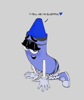 1other blue_eyes blue_theme blush come_hither crayon english_text gloves grey_background half-closed_eyes highres krekkov looking_at_viewer no_humans open_mouth original personification polka_dot shoes simple_background sneakers solo teeth upper_teeth_only what