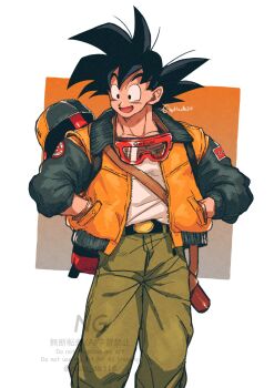 1boy arched_bangs baseball_cap belt belt_buckle black_belt black_eyes black_hair black_jacket brown_background brown_gloves buckle casual character_name clothes_writing dragon_ball dragonball_z facing_viewer feet_out_of_frame gloves goggles goggles_around_neck gold_buckle gradient_background green_pants hands_in_pockets happy hat highres jacket letterman_jacket looking_afar male_focus multicolored_jacket muscular muscular_male open_clothes open_jacket open_mouth orange_background orange_jacket pants parted_bangs patch pectorals relio_db318 ruyi_jingu_bang sheath sheathed shirt shoulder_patch simple_background smile son_goku spiked_hair square standing tareme three-quarter_sleeves turning_head twitter_username two-tone_background two-tone_jacket unworn_hat unworn_headwear weapon white_background white_shirt zipper_pull_tab
