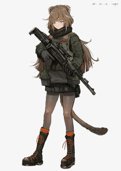 absurdres animal_ears belt_pouch black_boots black_skirt blush boots brown_pantyhose commentary dated english_commentary expressionless full_body green_jacket grey_background grey_eyes grey_shirt gun highres holding holding_gun holding_weapon jacket knee_boots lace-up_boots load_bearing_vest long_hair long_sleeves miniskirt original pantyhose pouch pppmepl shirt skirt standing tail weapon