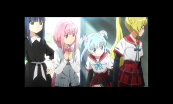 4girls anime_coloring aqua_bow aqua_bowtie artist_request black_border black_dress black_skirt black_sleeves blonde_hair blue_bow blue_bowtie blue_eyes blue_hair blunt_bangs border bow bowtie braid breast_press buttons clenched_hand closed_mouth collarbone collared_dress collared_shirt cowboy_shot determined dress flower frown game_cg grey_vest hair_intakes hair_ornament half_up_half_down_braid hand_on_own_hip hands_on_own_chest high-waist_skirt jewelry kamihama_university_affiliated_school_uniform layered_sleeves light_rays long_hair long_sleeves looking_to_the_side low_ponytail magia_record:_mahou_shoujo_madoka_magica_gaiden mahou_shoujo_madoka_magica minami_rena multiple_girls nanami_yachiyo official_art outdoors parted_lips pink_bow pink_bowtie pink_eyes pink_hair plaid_bow plaid_bowtie plaid_clothes plaid_skirt pleated_skirt polka_dot polka_dot_dress ponytail red_sailor_collar red_skirt ring sailor_collar school_uniform shirt short_over_long_sleeves short_sleeves side_braids sidelocks skirt straight_hair sunlight sweater_vest takarazaki_school_uniform tamaki_iroha tareme three-quarter_sleeves togame_momoko twin_braids two_side_up unmoving_pattern very_long_hair vest waist_bow white_bow white_flower white_shirt worried