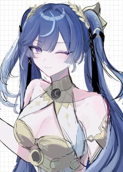 1girl armlet bare_shoulders blue_eyes blue_hair breasts cleavage closed_mouth commentary gold_bra grid_background hair_belt highres iuno_(wuthering_waves) jewelry laurel_crown long_hair looking_at_viewer medium_breasts one_eye_closed smile solo soyogi_nrso twintails upper_body wuthering_waves
